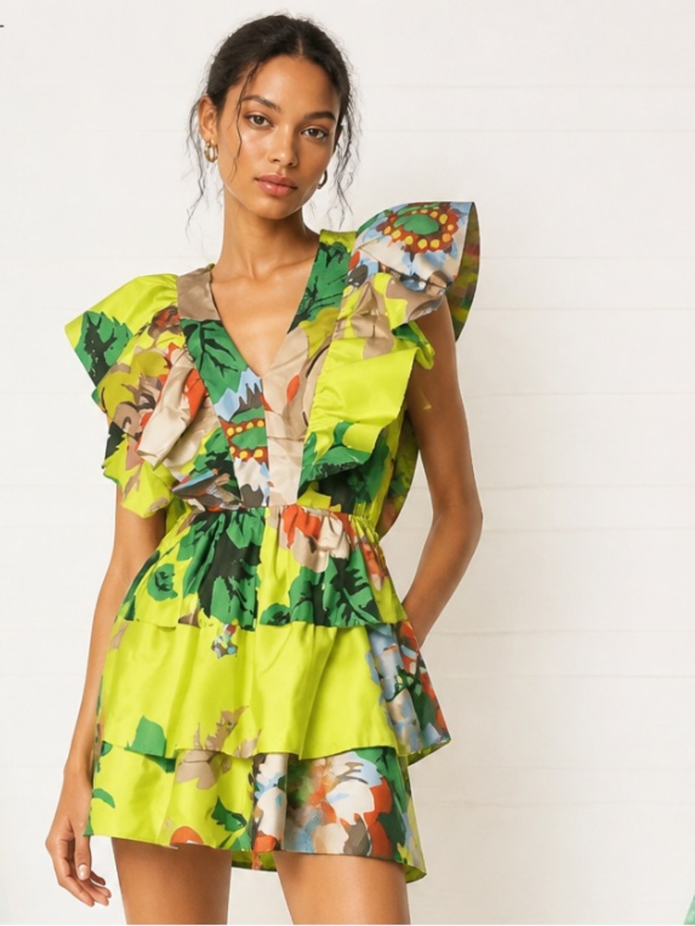 CHRISTOPHER JOHN ROGERS Dress Ruffle Tiered Yellow Mini Target Floral V Neck 4